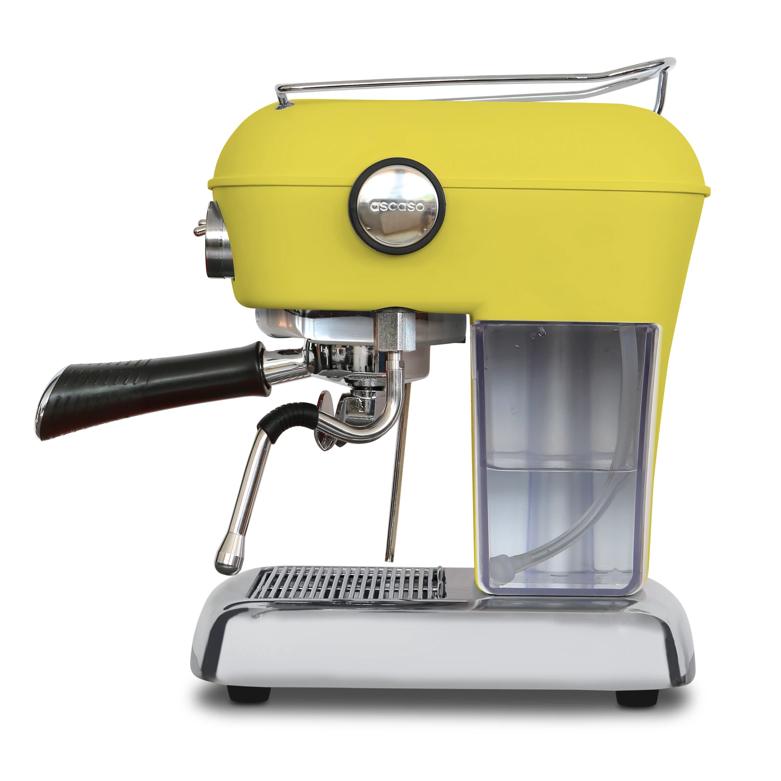 Yellow „Ascaso“ Dream ONE from the side: clear 1.3 L water tank