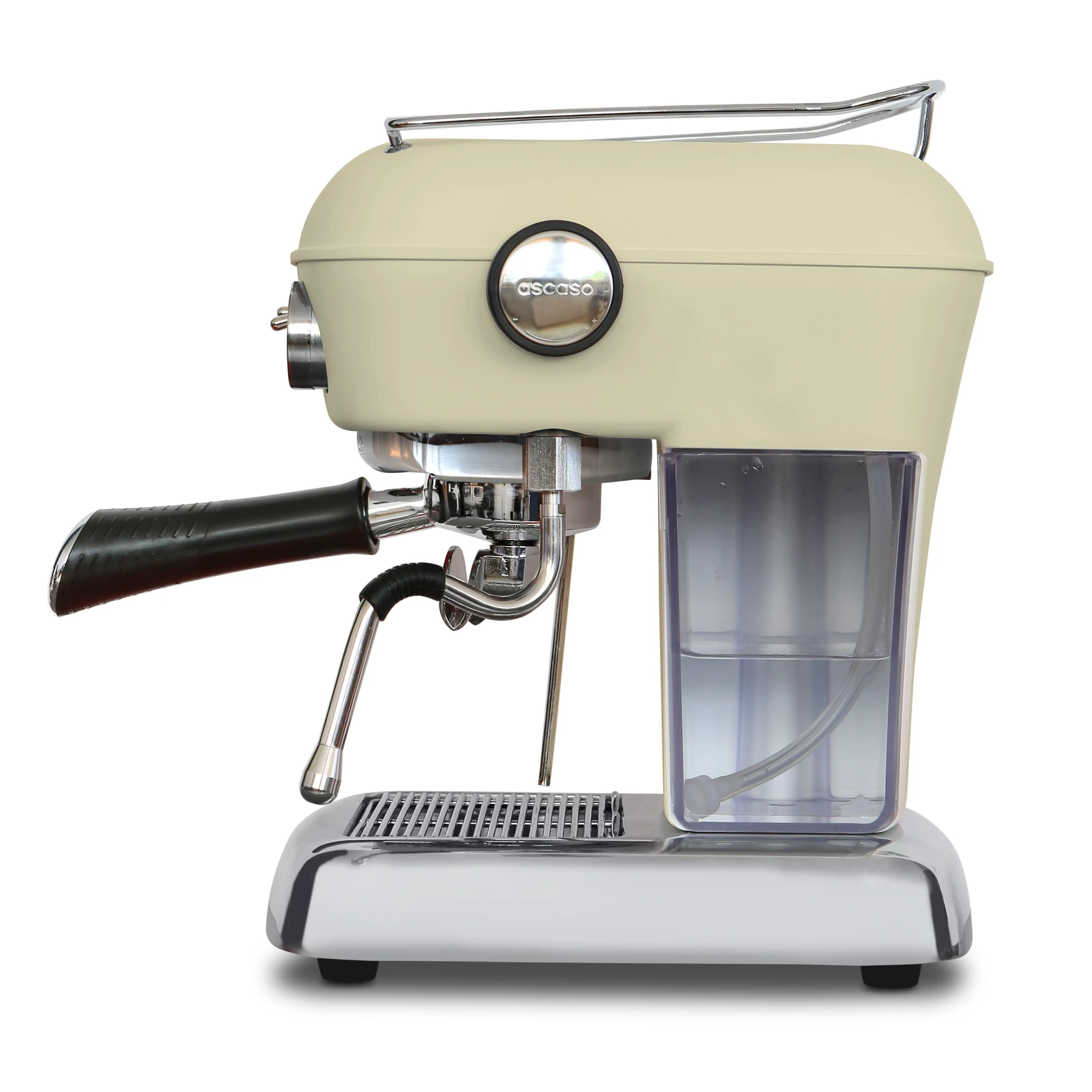Cream „Ascaso“ Dream ONE from the side: clear 1.3 L water tank