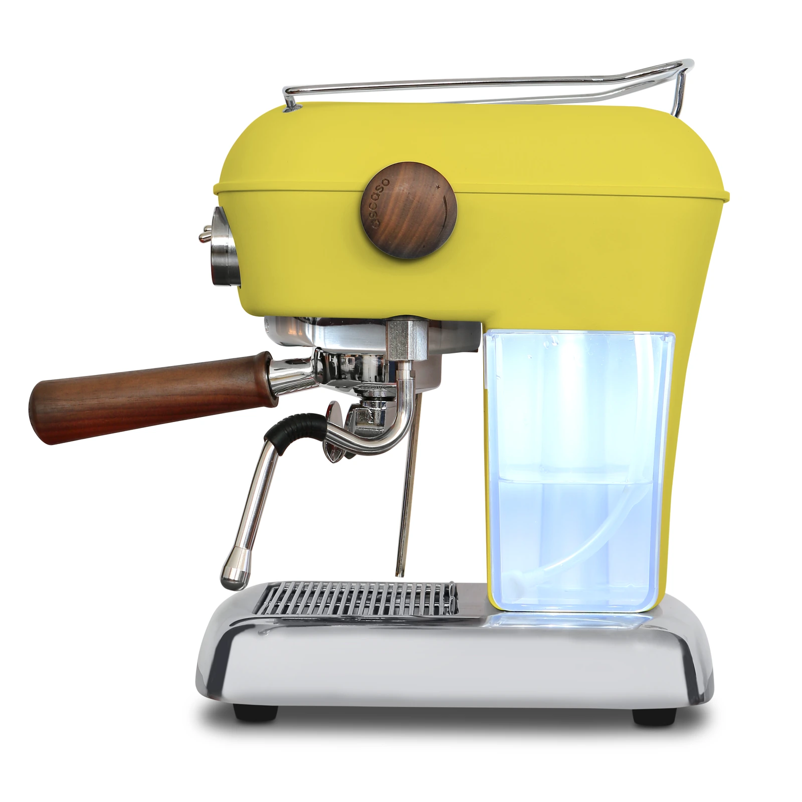 Yellow „Ascaso“ Dream PID from the side: illuminated 1.3 L water tank