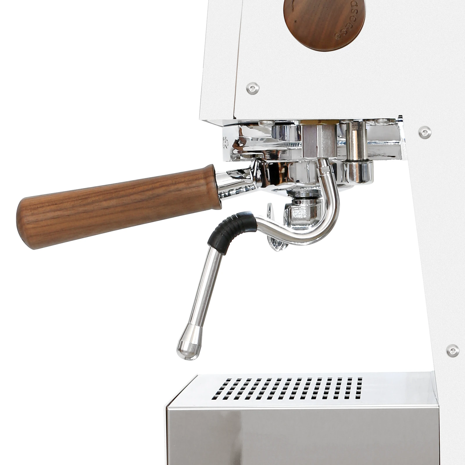 White „Ascaso“ Steel DUO PID from the side: steam wand and walnut-handled portafilter