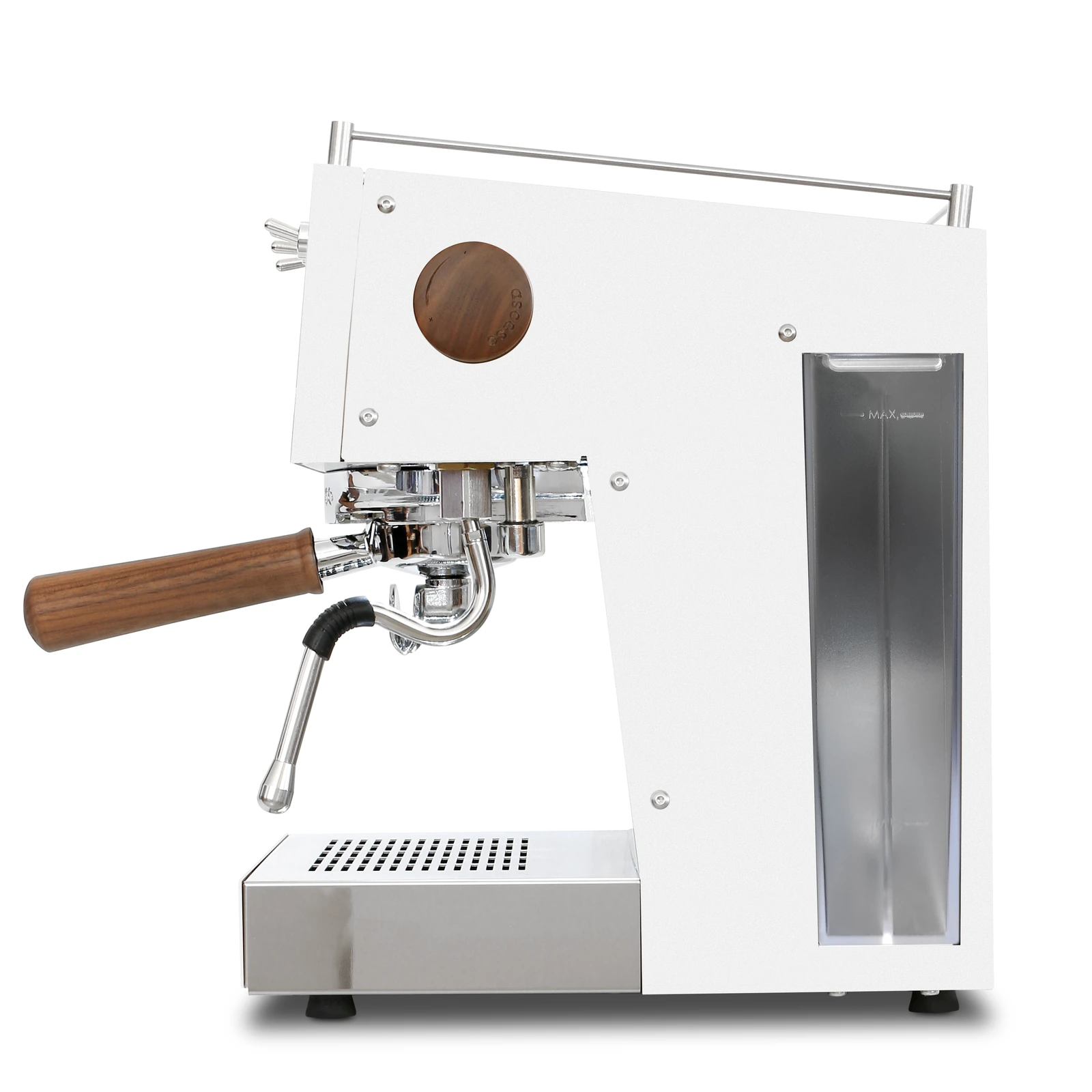 White „Ascaso“ Steel DUO PID from the side: 2 L water tank with a window