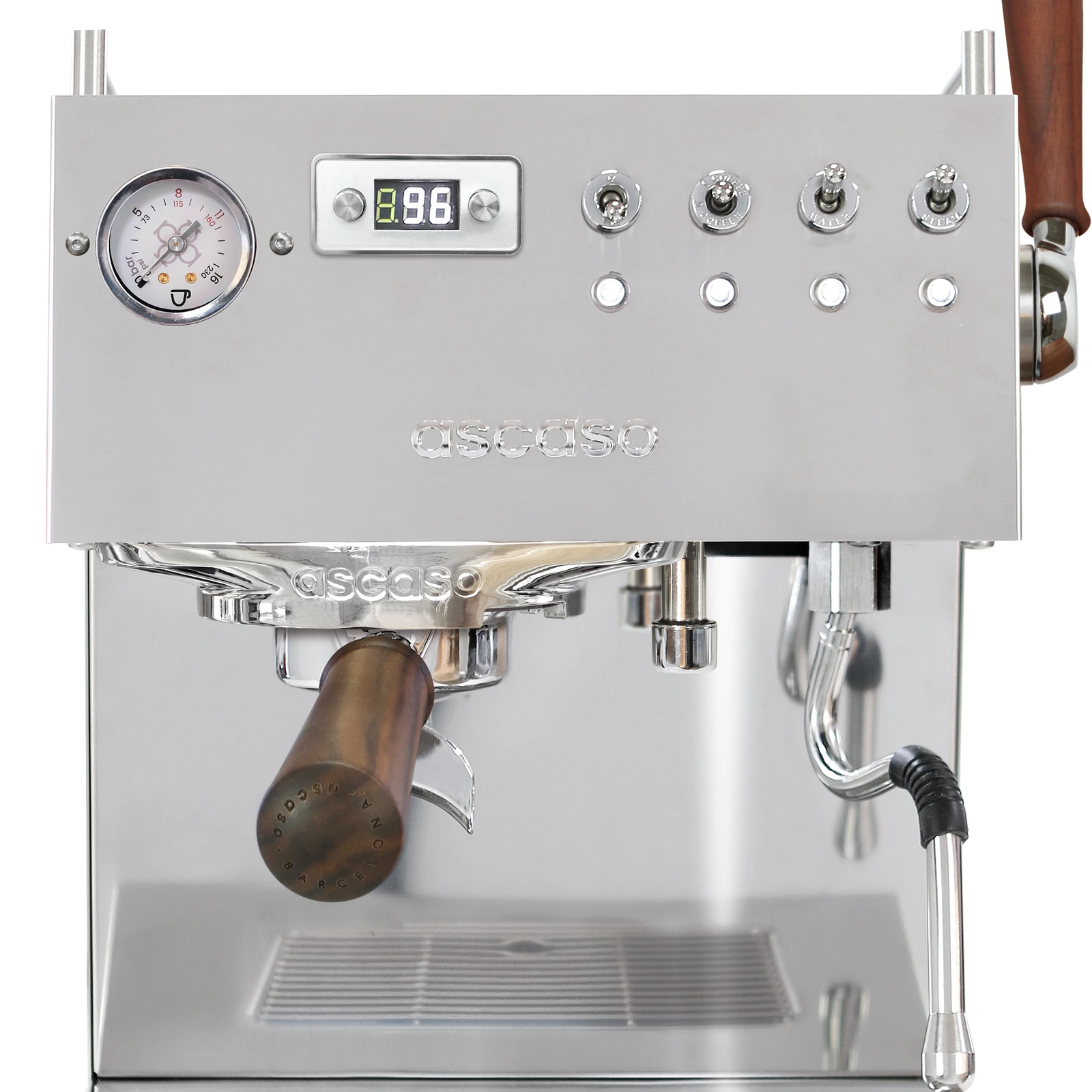 Stainless steel „Ascaso“ Steel DUO PLUS from the front: display, switches, pressure gauge and walnut-handled portafilter