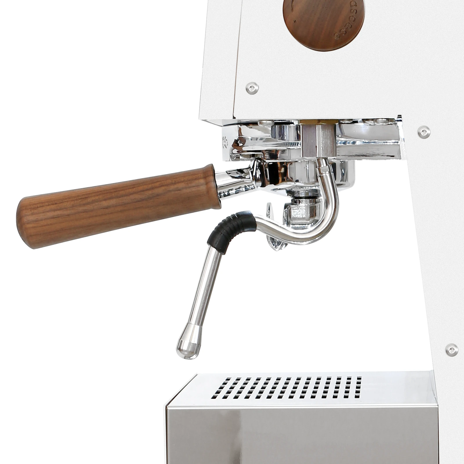White „Ascaso“ Steel UNO PID from the side: steam wand and walnut-handled portafilter