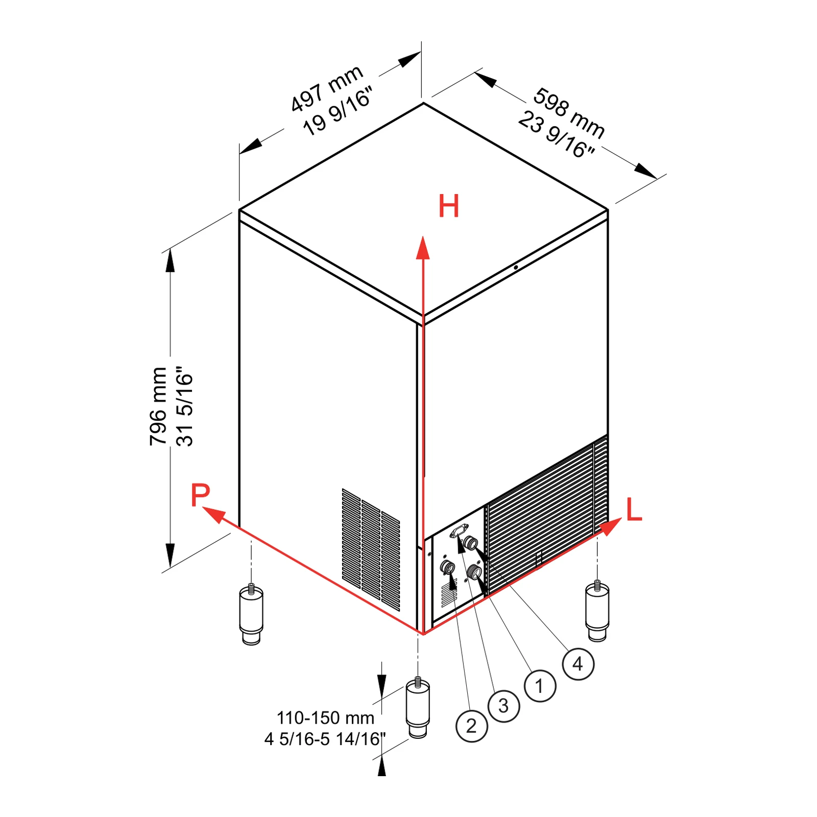 „Brema Ice“ CB 425 HC „B-Qube“ matmenys ir prijungimo vietos