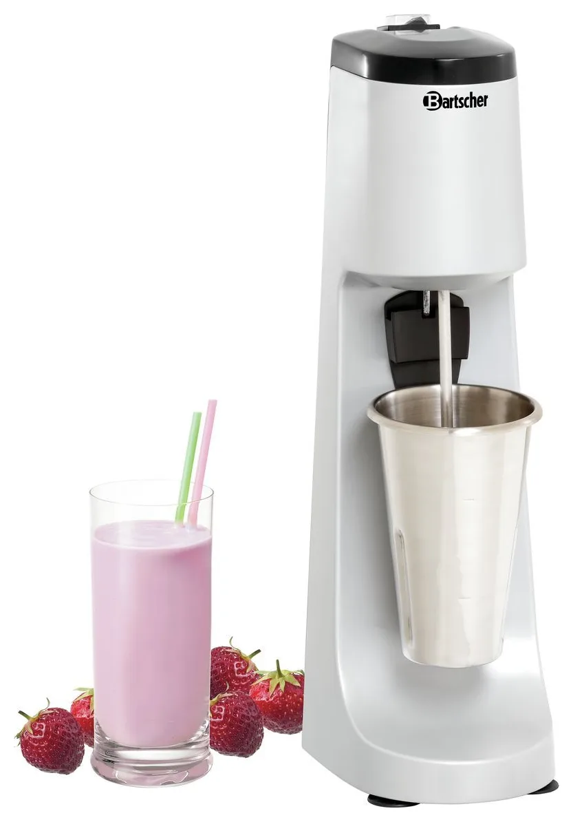 „Bartscher“ Drink Mixer 650 ml with its cup, next to a glass of pink milkshake and strawberries