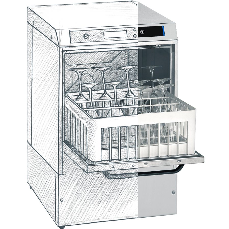 „Omniwash“ Prestige glasswasher, half pencil sketch, half photo