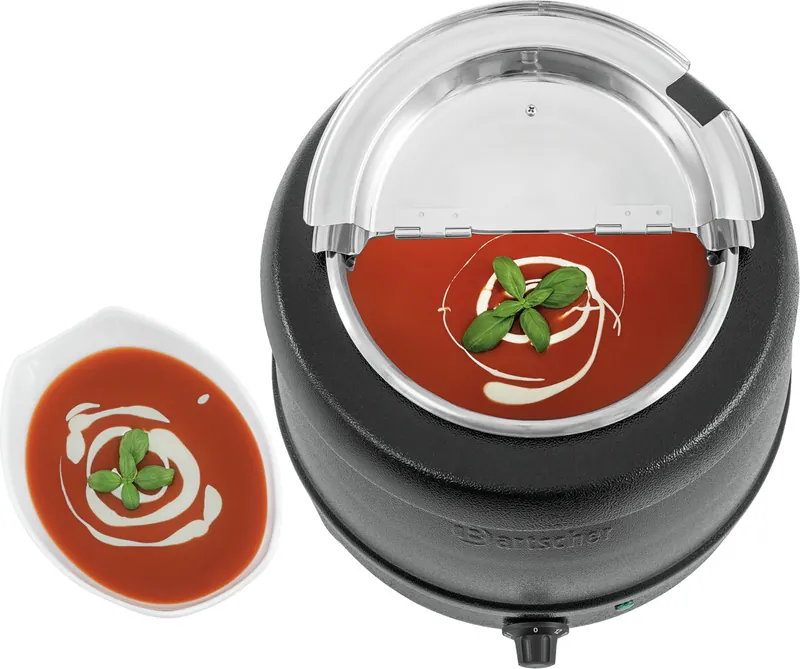 „Bartscher“ Economic soup kettle from above, with the front half of the lid folded back to show tomato soup