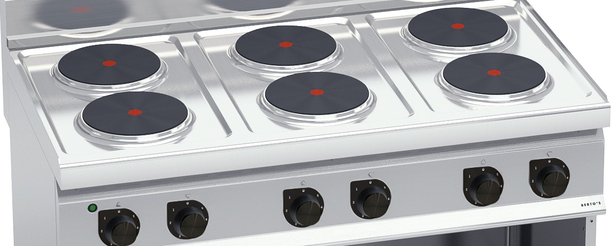 Top view: six cast iron hotplates set into the stainless steel worktop